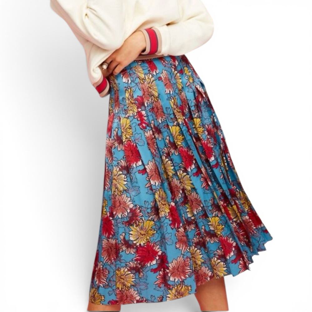 Wilfred Little Moon Blue Satin Pleated Midi Skirt Size 4 Vibrant Floral Print